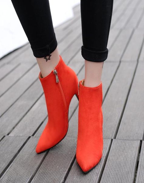 

elegant ladies orange pink ankle boots boots women high heel pointed toe shoes size 35 to 404920681, Black