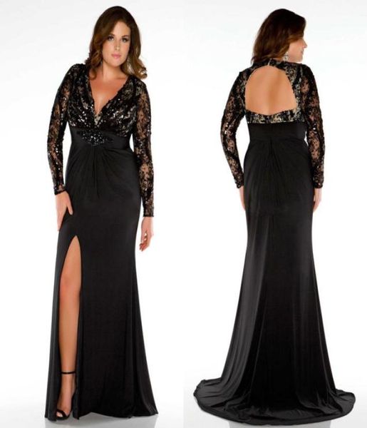 

chic lace plus size backless evening dresses with long sleeves mermaid prom gowns sweep train split side evening dress with beads 3239501, Black