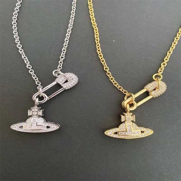 

empress dowager vivienne full diamond pin chain saturn necklace hollowed out shining high-level new style, Silver