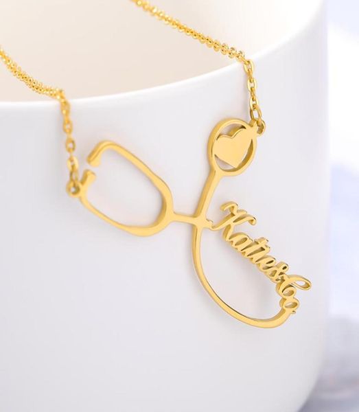 

custom stethoscope name necklace stainless steel gold chain choker nurse039s customized charm necklace for women men bff jewelr8887095, Silver