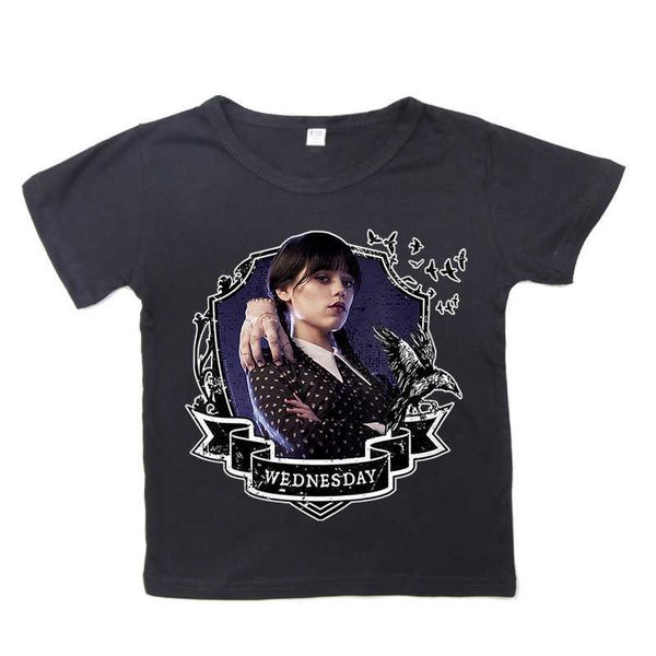 

wednesday american tv series printed around children's t-shirts casual short sleeved bottoms children's clothing 93, White;black