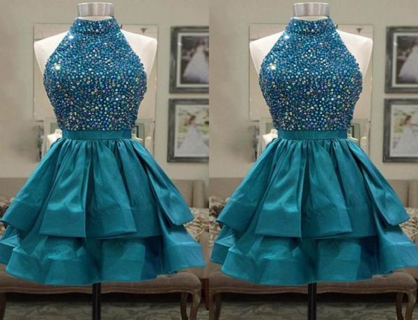 

turquoise green satin short homecoming dresses high neck sleeveless crystal ribbon ruffles keyhole back short prom dresses cocktai7892925, Blue;pink