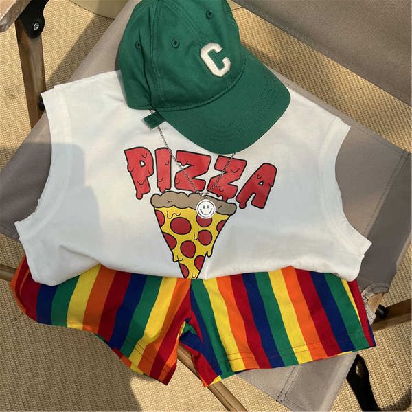 

summer children's american pizza sleeveless set boys and girls' fashionable colorful stripe contrast tank two piece set, White;black