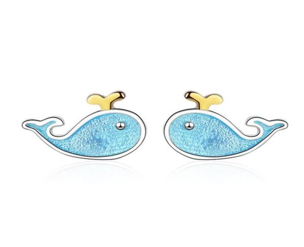 

cr77 small whale ear stud earrings s925 sterling silver needles female fresh blue fish cute marine animal jewelry factory whole276048997