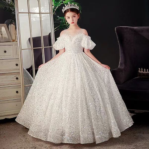 

2023 white sheer neck lace flower girl dresses crystals ball gown little girl wed dresses frist holy communion pageant dress sequined crysta, White;blue