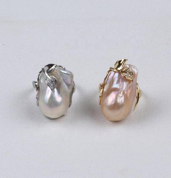 

16mm20mm real natural freshwater flameball fireball baroque pearl rings jewelry designs for women81124323693580, Golden;silver