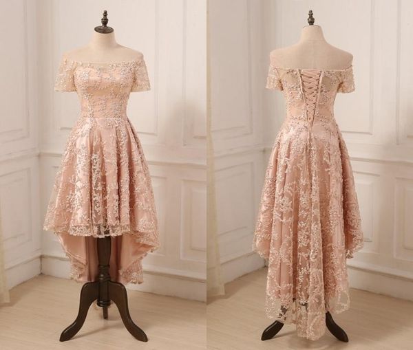 

rose gold lace prom dress high low off shoulder with sleeves 2022 lace up back designer evening formal gowns new6020946, Black