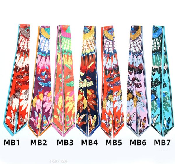 

new feather print long tie small scarf headband bag handle binding ribbon double-sided printing decoration braided hair ribbon mix send, Blue;gray