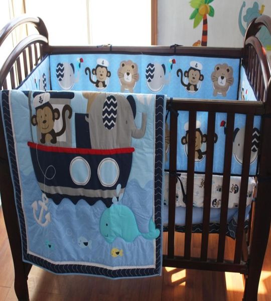 

crib bedding set 7pcs baby bedding set embroidery monkey elephant navigation blue sea whale cot bedding set quilt bumper skirt3802619