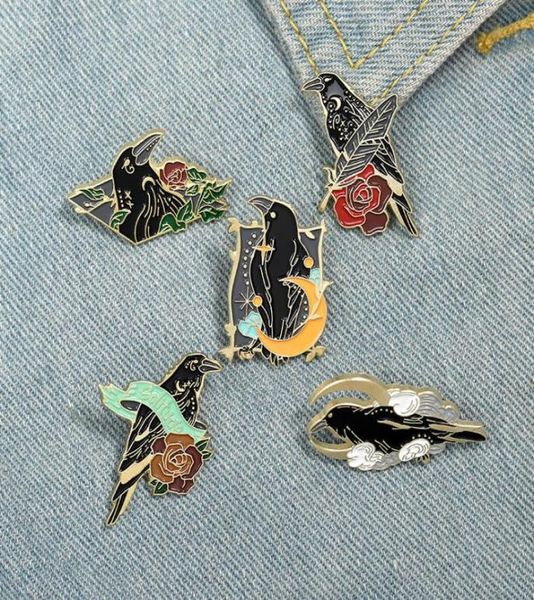 

crow raven brooches enamel pin custom bird feather moon flowers brooches bag lapel pin punk badge gothic jewelry gift for friends 5409558, Gray