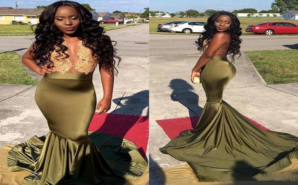 

olive green african prom dresses 2k17 gold lace appliques satin mermaid evening gowns black girl cocktail formal party dress2850529