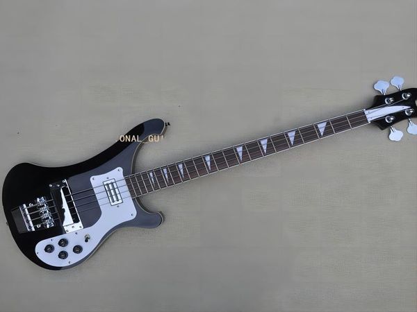 

4-string black electric guitar with white pickups, rosewood fretboard