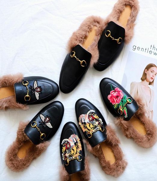 

men and women fur mule princetown slippers ladies leather flat suede mule shoes love shoes fashion outdoor slippers fall winter sh5159573, Black