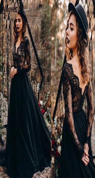 

vintage gothic black a line wedding dresses with long sleeves deep v neck open back bridal gowns lace court train bride secon8208184, White