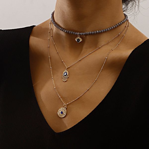 

jewlery designer for women fashionable multi-layer grey diamond blue devil's eye pendant necklace woman, personality necklace designer, Silver