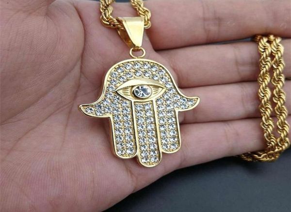 

stainless steel hamsa hand of fatima pendant chain male gold color paved rhinestones palm necklaces for men turkish jewelry240s5030105, Silver