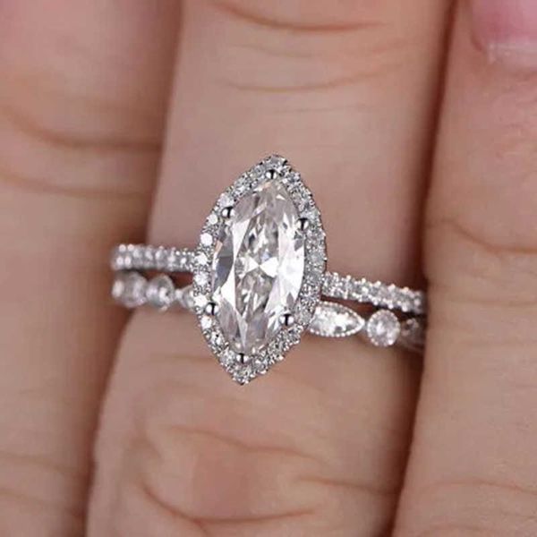 

band rings huitan luxury silver color set rings fashion jewelry for women 2023 new marquise cubic zirconia 2pcs rings wedding accessories aa