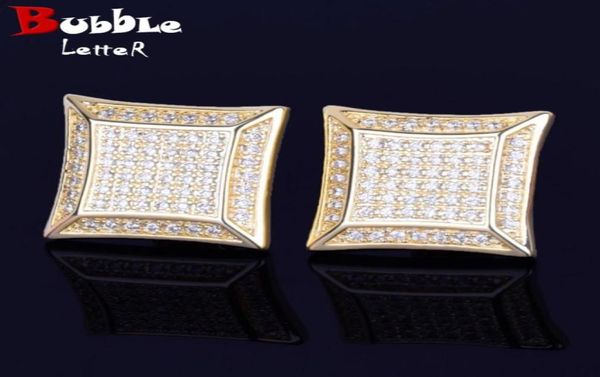 

15mm big square earring men stud gold color full cubic zircon screw back hip hop jewelry83615168943118, Golden;silver