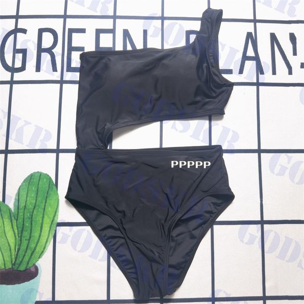 

black hollow swimwear letter printed bikini for women fashion bodysuit swimsuit one shoulder bathing suit, White;black