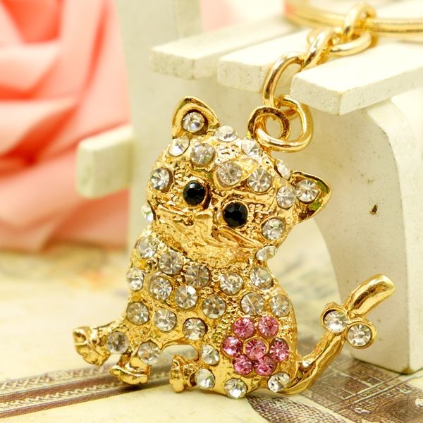 

crystal creative cute cat keyring cartoon love animal car keychain female bag pendant accessories key chains gift, Slivery;golden