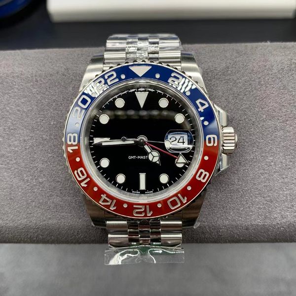 

clean men sports watch 40mm red and blue pepsi gmt aual time zone eta 2836 3186 3285 automatic ceramic diving waterproof batman sprite 904l, Slivery;golden