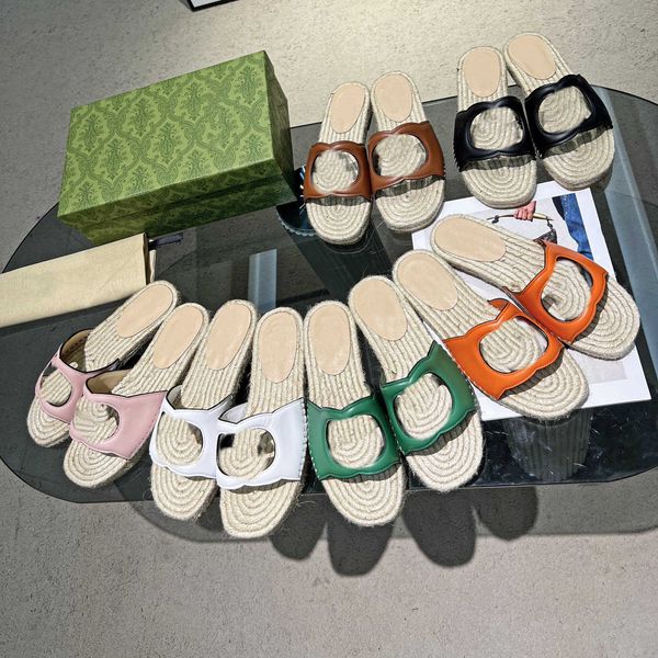 

made in italy women interlocking slippers straw woven sole hemp rope espadrilles g cut-out slide sandal calf leather flat ladies fashion cut, Black