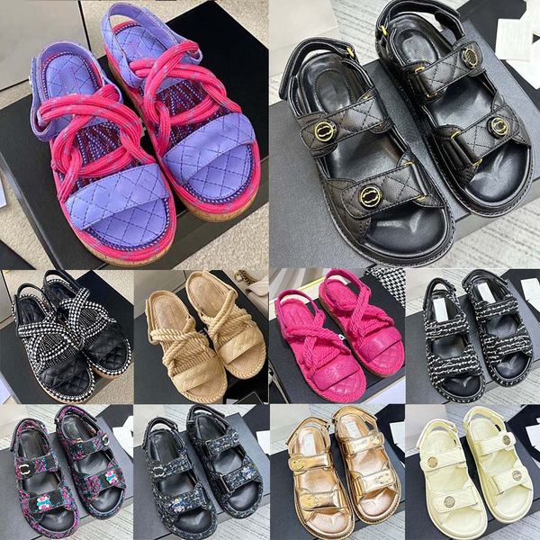 

designer sandals slippers ladies rope wrap letters genuine leather slippers flat heel stripe beach travel outdoor casual shoes, Black
