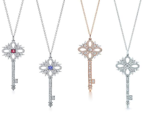 

sterling silver 925 classic fashion key pendant with blue red cz ladies necklace rose gold silver color big pendants size 5cm neck6143794