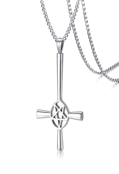 

large silver inverted cross occult pentagram necklace in stainless steel satanic gothic satan jewelry7035059