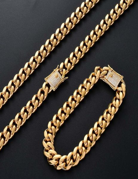 

stainless steel miami cuban link chain jewelry set 18inch 22inch choker necklace cubic zirconia clasp diamond 7inch 8inch bracelet3825810, Silver