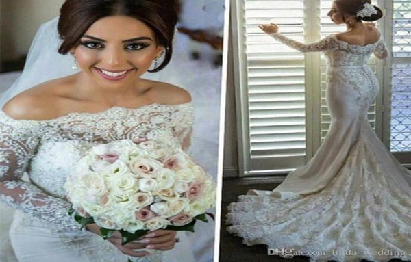 

2019 new lace mermaid wedding dress long sleeve boat neck bridal gown plus size custom made vestido de noiva8882241, White