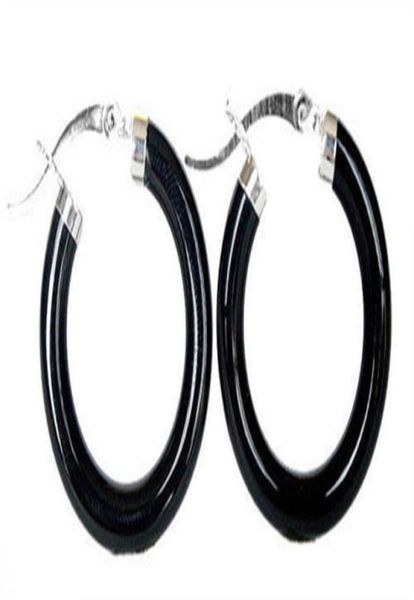 

new fashion black agate onyx 925 sterling silver snap closure hoop earrings8465284