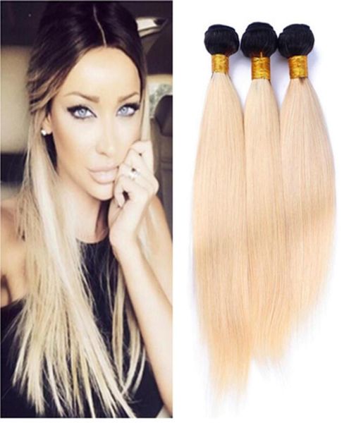 

8a ombre 613 brazilian virgin hair 3 bundles straight platinum blonde dark roots ombre human hair extension whole remy h3504775, Black;brown