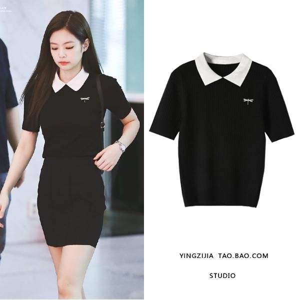 

t-shirt black knitted shirt women spring summer short sleeve slim fit white collar high end tee shirt femme chemise camiseta feminin