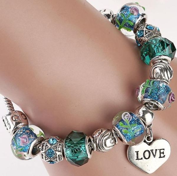 

european stylish 925 silver plated metal heart charm clasp pandora charm bracelet for women jewelry with heart murano beads4284981, Golden;silver