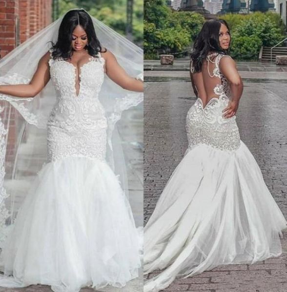 

fabulous lace african mermaid wedding dresses plus size backless court train tulle applique bride gowns7203877, White
