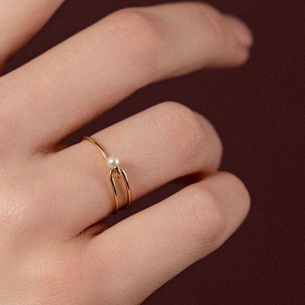 

band rings minimalist imitation pearl rings for women double layer adjustable opening finger alloy metal gold ring girl personality jewelry, Silver