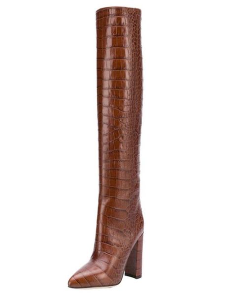 

runway crocodile print pattern winter woman knee high boots high heels pointed toe slip on leather long boots fashion knight boots9516988, Black