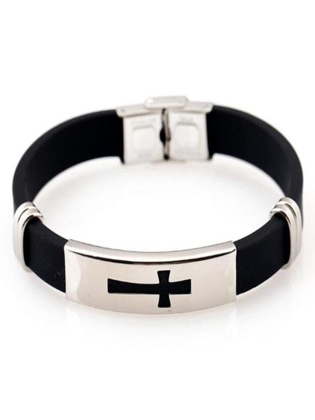 

cool fashion black silicone bracelet charm wristband men039s stainless steel cross bangle6680988