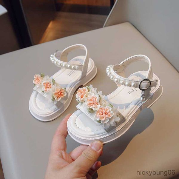 

sandals children's girls sandals with artificial flowers 2023 chic princess shoes for party wedding shows pearls open-toe kids fashion, Black;red