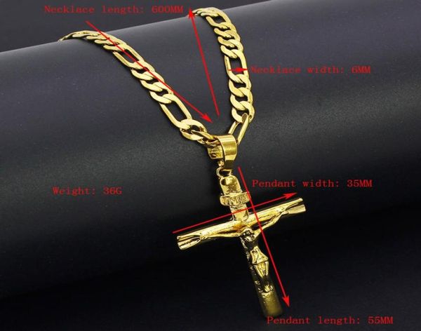 

real 24k yellow solid fine big pendant 18ct thai baht gf gold jesus cross crucifix charm 5535mm figaro chain necklace2356218, Silver