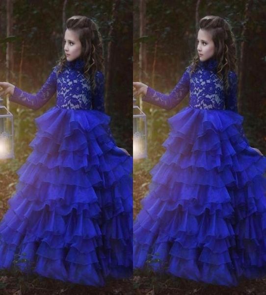 

wedding royal blue long sleeves applique lace organza girls pageant dresses tiered ruffles high neck kids birthday gown 20195630079, White;red
