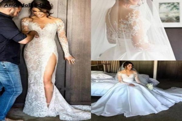 

amandabridal split lace wedding dresses with detachable skirt 2019 long sleeves illusion bodice overskirts long steven khalil brid1691693, White