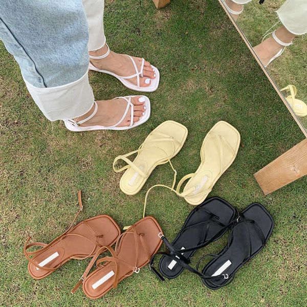 

nxy sandals summer women shoes low round heel narrow band gladiator casual ladies outdoor beach slides 230511, Black