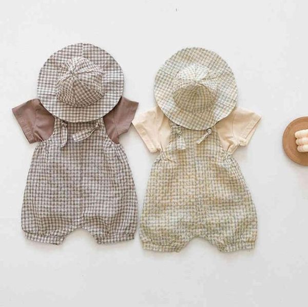 

summer infant boys girls clothes set korean style cotton tshirt plaid jumpsuit hat born baby romper clothing 2105156092518, White