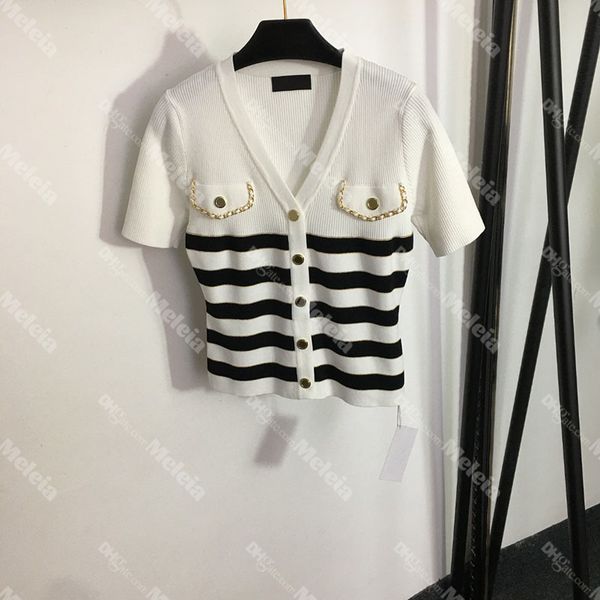 

v neck women striped knits for ladies short sleeve tees womens knitted with chain, White
