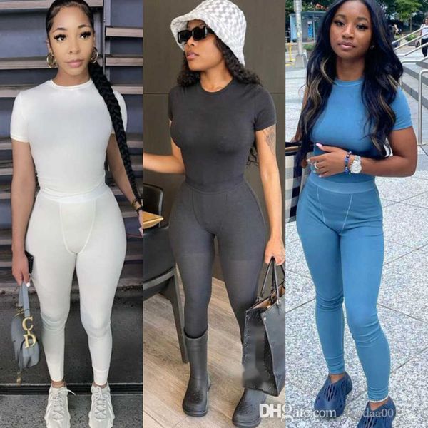 

high waist tight pants set for women 2023 new style pit slim fit short sleeve two piece suit, White