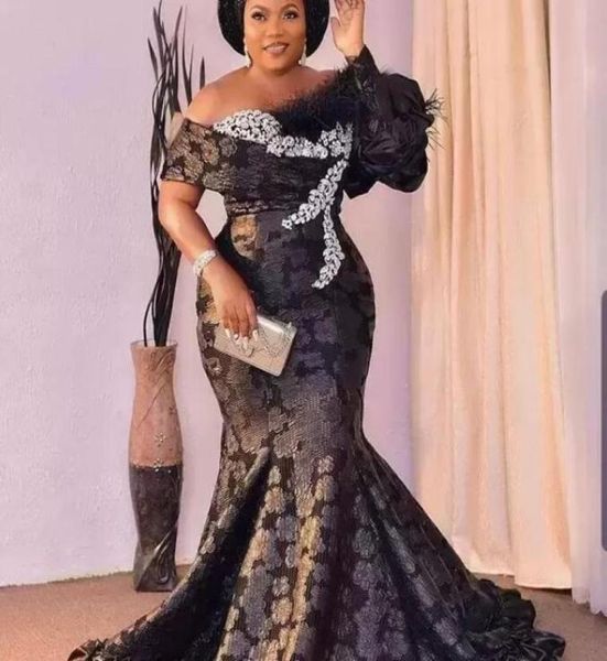 

arabic aso ebi style prom dresses with feathers 2022 one shoulder sweep train plus size appliques lace formal evening occasion gow8899579, Black