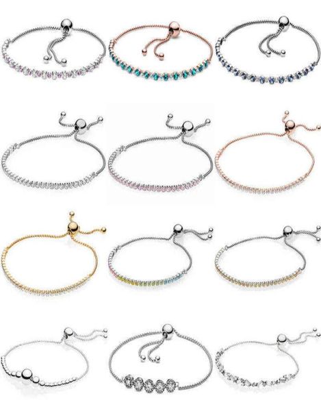 

multicolor crystal classic tennis sparkling strand adjust bracelet fit pandora bangle 925 sterling silver bead charm diy jewelry898476659, Black