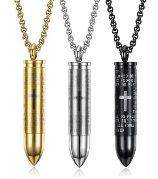 

creative new men039s trend jewelry european and american stainless steel cross scripture pendant bullet bible necklace men039782496953652, Silver